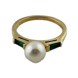14K Yellow Gold Cultured Pearl Lab Created Emerald Ring Size 5 #15676